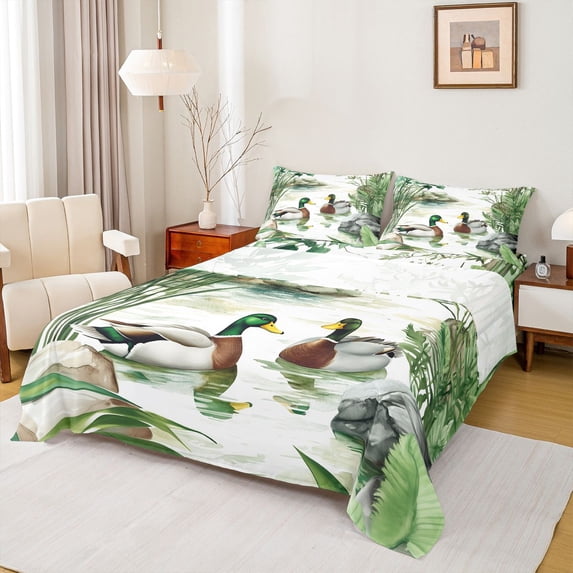 Castle Fairy Female Men Mallard Duck Queen Sheet Sets,Watercolor Animal Bed Set
