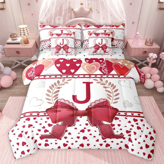 Castle Fairy Female Men Personalized Initial J Bedding Comforter Set 7pcs,Romantic Love Heart Queen Bedding Sets Super Cozy,Cute Ribbon Bow Knot Queen Sheet Sets,Microfiber Bedroom Decor,Reversible