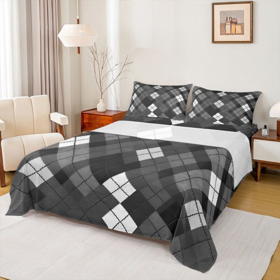 Castle Fairy Female Men Vintage Plaid Checkered Bed Sheets,Black White King Sheets
