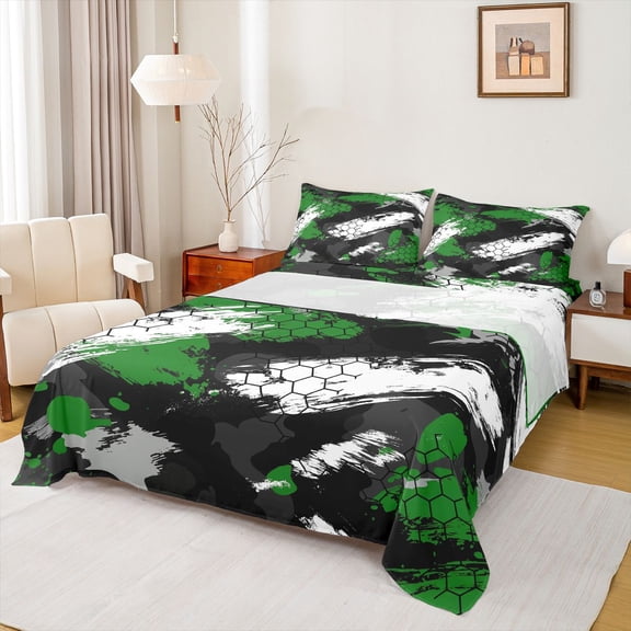 Castle Fairy Female Men Women Abstract Graffiti Honeycomb 4 Pieces Queen Sheet Sets,Black Green Hexagon Ultra Soft Flat Sheet,Geometric Watercolor Splash Queen Fitted Sheet,Luxury Bedroom Decor