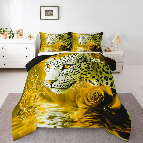 Castle Fairy Female Men Women Animal Cheetah Full Size Comforter Sets 3-Piece,Floral Rose Leopard Bedding Comforter Set,Jungle Wildlife Lightweight Bedding Sets,Breathable Home Decor,Reversible