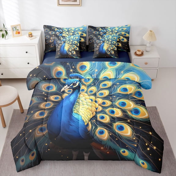 Castle Fairy Female Men Women Animal Peacock Bedding Comforter Set 7-Piece,Exotic Style King Bedding Sets,Jungle Woodland Wildlife Ultra Soft Bed Sheets,Breathable Home Decor,Reversible