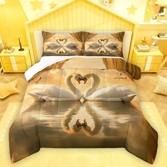 Castle Fairy Female Men Women Animal Swan Couple 3 Pieces Queen Comforter Set,Romantic Valentine's Day Lover Ultra Soft Bedding Sets,Vintage Romantic Aesthetic Bedding Comforter Set Breathable
