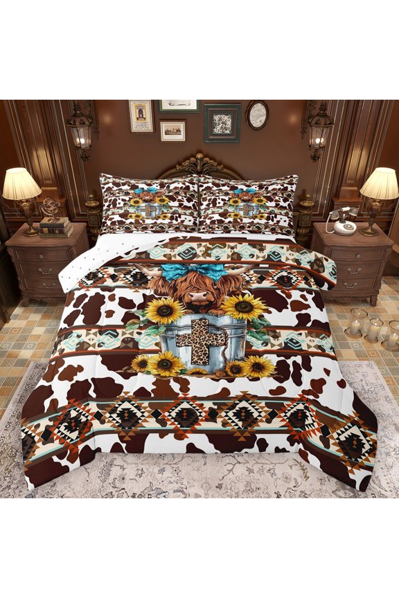 Cartoon Bow Highland Cow 2-Piece Twin Comforter Set for Female Men Women