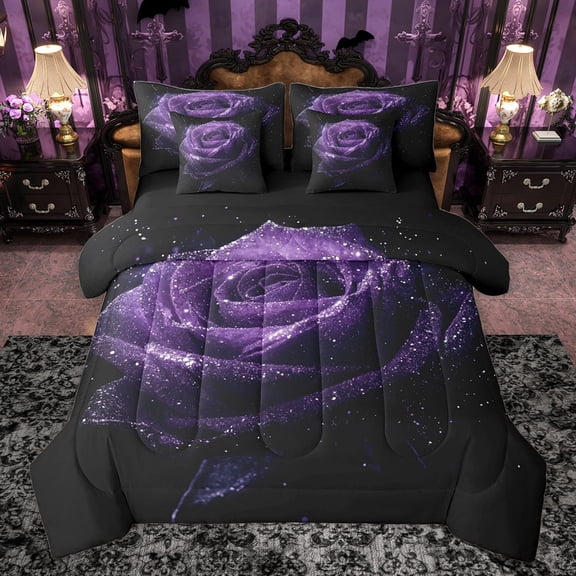 Castle Fairy Female Men Women Chic Floral Rose Bedding Comforter Set 7 Pieces,Bling Glitter Flower Full Bedding Set Lightweight,Romantic Valentine's Day Fitted Sheet Flat Sheet,Breathable Home Decor