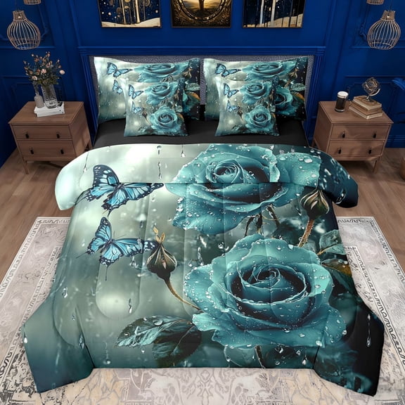 Castle Fairy Female Men Women Chic Floral Rose Bedding Comforter Set 7pcs,Flying Butterflies Queen Bedding Sets Super Cozy,Romantic Valentine's Day Queen Sheet Sets,Breathable Home Decor,Reversible