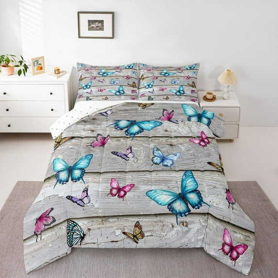 Castle Fairy Female Men Women Colorful Butterflies Bedding Comforter Set 2pcs,Vintage Cottage Cabin Twin Comforter Sets Microfiber,Retro Aesthetic Breathable Bedding Set,Luxury Bedroom Decor