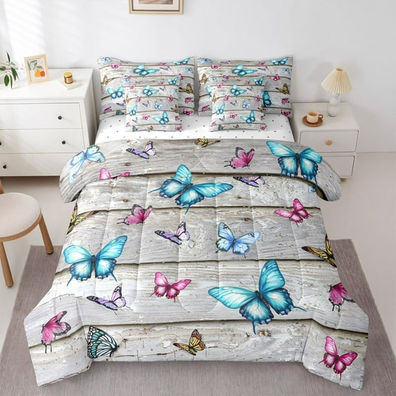 Castle Fairy Female Men Women Colorful Butterflies Bedding Comforter Set 7 Pieces,Vintage Cottage Cabin Full Bedding Set Lightweight,Retro Aesthetic Fitted Sheet Flat Sheet,Luxury Bedroom Decor