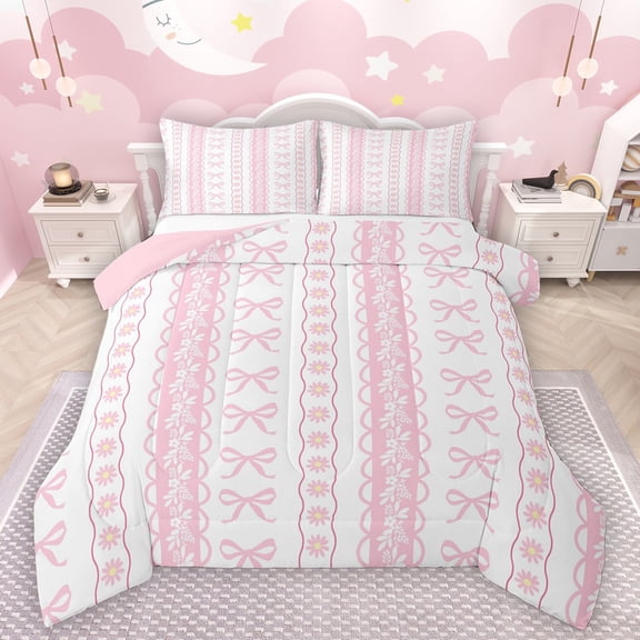 Castle Fairy Female Men Women Dreamy Bowtie Bedding Comforter Set 2pcs,Chic Floral Blossoms Twin Comforter Sets Microfiber,Geometric Stripes Breathable Bedding Set,Super Cozy Room Decor,Reversible