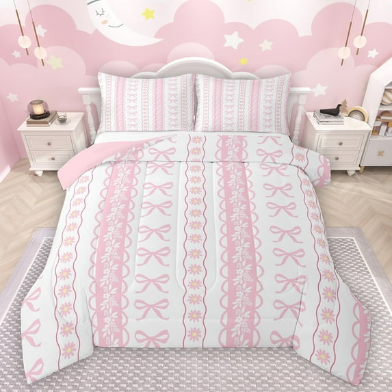 Castle Fairy Female Men Women Dreamy Bowtie Bedding Comforter Set 2pcs,Chic Floral Blossoms Twin Comforter Sets Microfiber,Geometric Stripes Breathable Bedding Set,Super Cozy Room Decor,Reversible