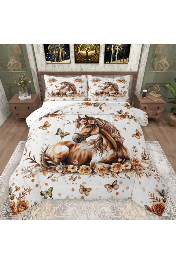 Female Men Women Farmhouse Animal Horse Bedding Comforter Set 2pcs,Chic Floral Flowers Rose Twin Comforter Sets Microfiber,Vintage Flying Butterflies Breathable Bedding Set