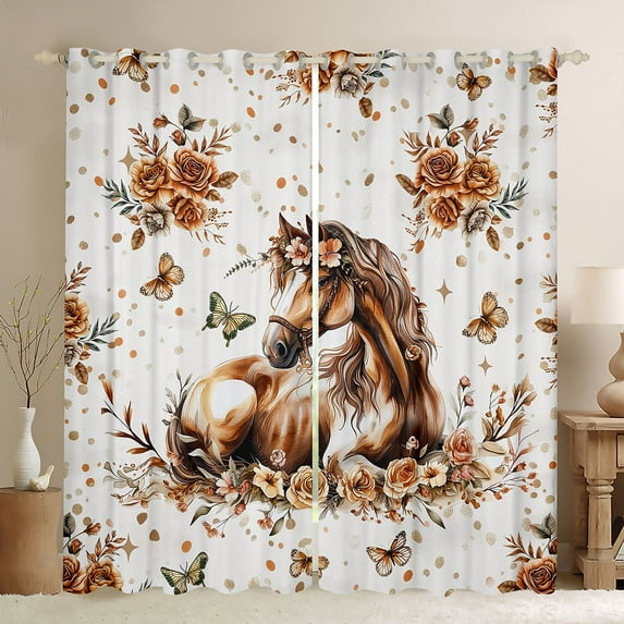 Castle Fairy Female Men Women Farmhouse Animal Horse Black Out Curtains,Chic Floral Flowers Rose Curtains Pack of 2 (42x63 Each),Vintage Flying Butterflies Bedroom Curtains,Ultra Soft Home Decor