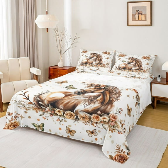 Castle Fairy Female Men Women Farmhouse Animal Horse Twin Sheet Sets 3pcs,Chic Floral Flowers Rose Twin Fitted Sheet Microfiber,Vintage Flying Butterflies Breathable Flat Sheet,Ultra Soft Home Decor