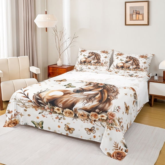 Castle Fairy Female Men Women Farmhouse Animal Horse Twin Sheet Sets 3pcs,Chic Floral Flowers Rose Twin Fitted Sheet Microfiber,Vintage Flying Butterflies Breathable Flat Sheet,Ultra Soft Home Decor