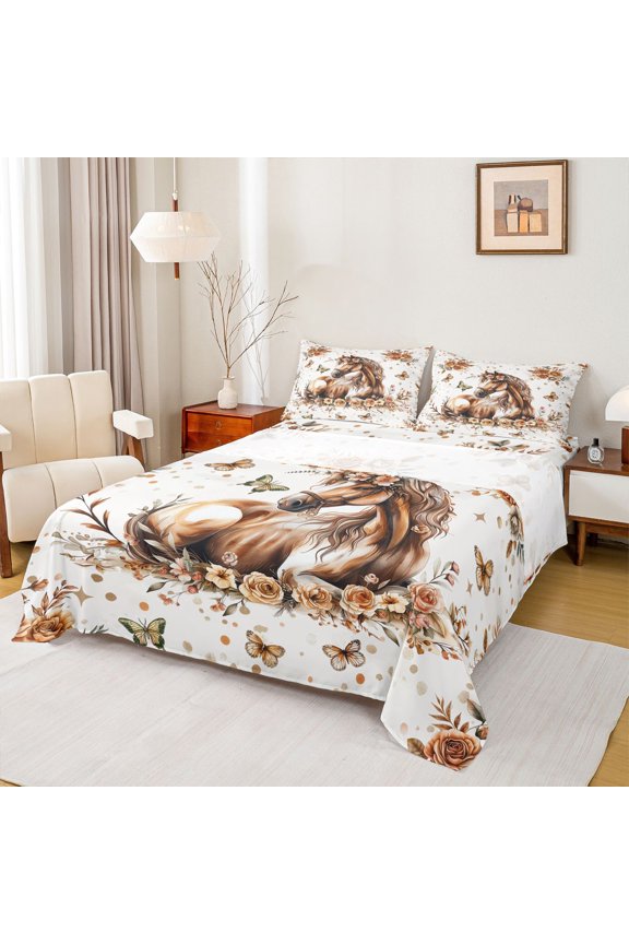 Female Men Women Farmhouse Animal Horse Twin Sheet Sets 3pcs,Chic Floral Flowers Rose Twin Fitted Sheet Microfiber,Vintage Flying Butterflies Breathable Flat Sheet,Ultra Soft Home Decor
