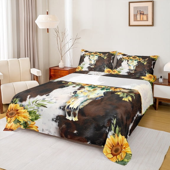 Castle Fairy Female Men Women Farmhouse Bull Skull 4 Pieces Queen Sheet Sets,Animal Cow Print Ultra Soft Flat Sheet,Floral Sunflowers Queen Fitted Sheet,Ultra Soft Home Decor