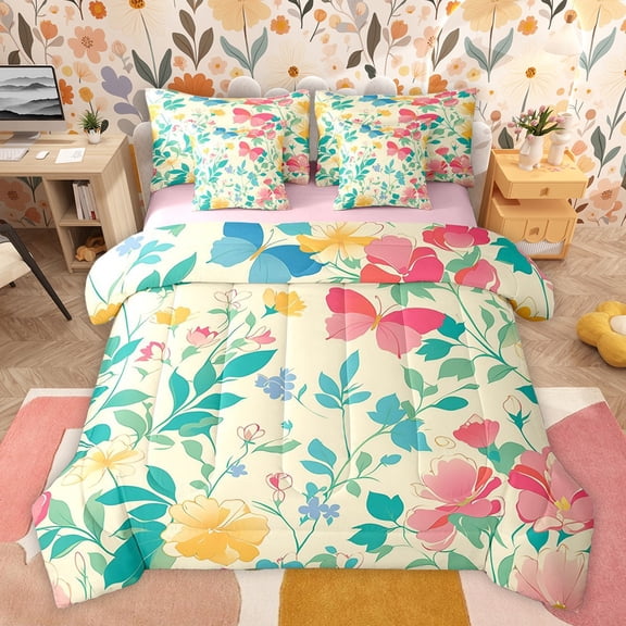 Castle Fairy Female Men Women Flying Butterflies Twin Bedding Sets 7-Piece,Vintage Aesthetic Exotic Style Bedding Comforter Set Microfiber,Chic Floral Flowers Breathable Sheet Sets