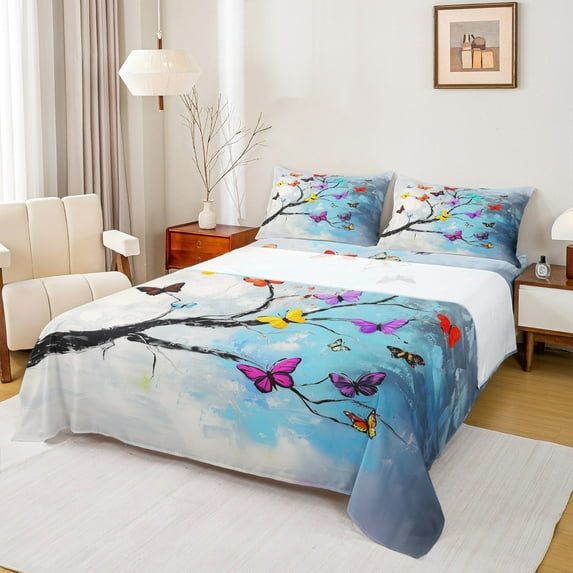 Castle Fairy Female Men Women Flying Colorful Butterflies 4 Pieces Queen Sheet Sets,Abstract Graffiti Watercolor Ultra Soft Flat Sheet,Retro Vintage Aesthetic Queen Fitted Sheet