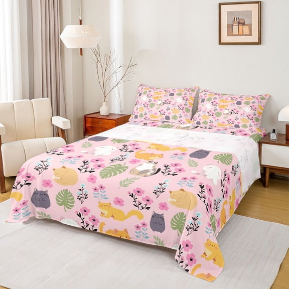 Castle Fairy Female Men Women Kawaii Animal Cats Twin Sheet Sets 3pcs,Spring Garden Flowers Twin Fitted Sheet Microfiber,Chic Floral Blossoms Breathable Flat Sheet,Microfiber Bedroom Decor
