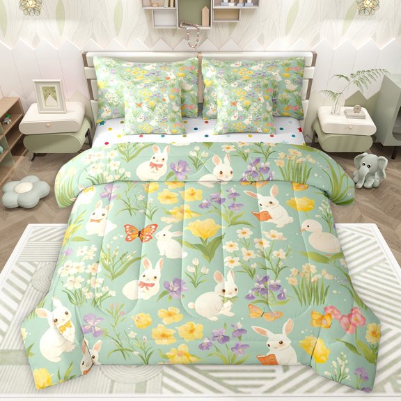 Castle Fairy Female Men Women Kawaii White Rabbits Twin Bedding Sets 7-Piece,Spring Garden Flowers Bedding Comforter Set Microfiber,Floral Butterflies Breathable Sheet Sets,Microfiber Bedroom Decor