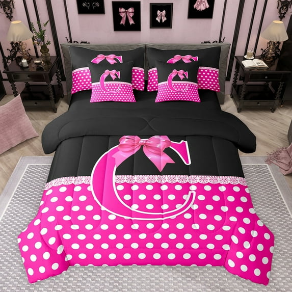 Castle Fairy Female Men Women Personalized Initial Alphabet C Bedding Comforter Set 7-Piece,Minimalist Polka Dots King Bedding Sets,Cartoon Ribbon Bow-Tie Ultra Soft Bed Sheets,Breathable Home Decor