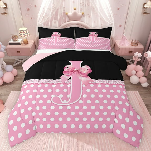 Castle Fairy Female Men Women Personalized Initial Alphabet J Full Size Comforter Sets 3-Piece,Minimalist Polka Dots Bedding Comforter Set,Cartoon Ribbon Bow-Tie Lightweight Bedding Sets