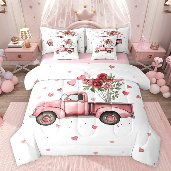 Castle Fairy Female Men Women Vintage Truck Bedding Comforter Set 7 Pieces,Happy Valentine's Day Rose Full Bedding Set Lightweight,Love Heart Print Fitted Sheet Flat Sheet,Super Cozy Room Decor