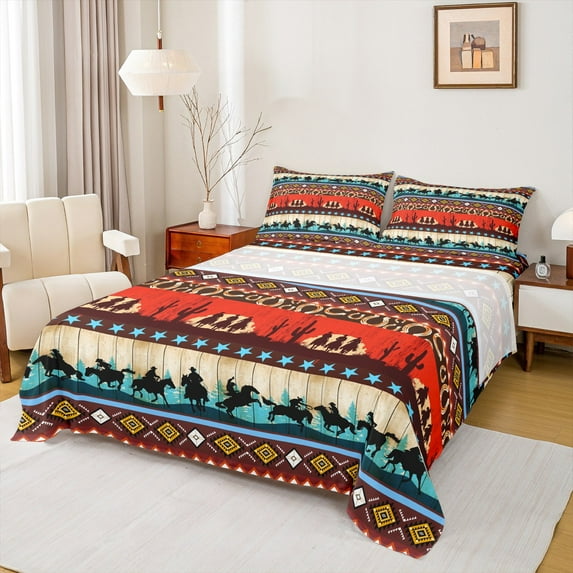 Castle Fairy Female Men Women Western Cowboy Twin Sheet Sets 3pcs,Tribal Aztec Twin Fitted Sheet Microfiber,Lodge Cabin Breathable Flat Sheet,Luxury Bedroom Decor