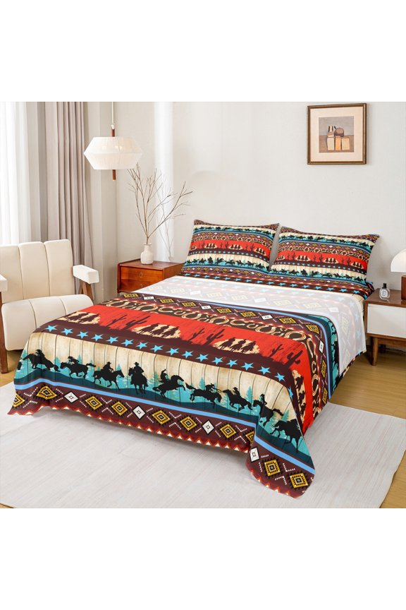 Female Men Women Western Cowboy Twin Sheet Sets 3pcs,Tribal Aztec Twin Fitted Sheet Microfiber,Lodge Cabin Breathable Flat Sheet,Luxury Bedroom Decor