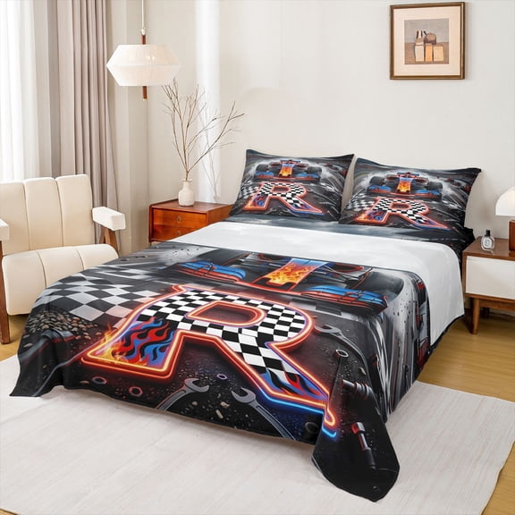 Castle Fairy Fiery Race Car Bed Sheets 4pcs for Teens, Neon Letter R King Sheets for Bedroom, Red Blue Black