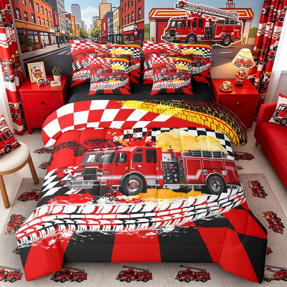 Castle Fairy Fire Truck Bedding Comforter Set 7pcs for Kids,Car Theme Queen Bedding Sets,Black Reversible
