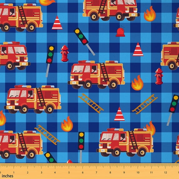 Castle Fairy Fire Truck Fabric by the Yard 10 Yards for Kids, Cartoon Fire Engine Home Decor Fabric by the Yard, Blue Checkered Sewing Fabric
