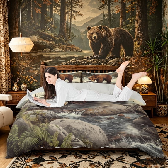 Castle Fairy Fishing Brown Bear Duvet Cover Queen,Waterfall Pine Mountain Salmon Queen Bedding,Brown Teal White,Grey Reversible,3-Piece,No Comforter,1 Duvet Cover and 2 Pillowcases