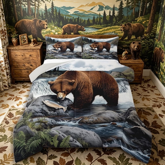Castle Fairy Fishing Brown Bear King Size Comforter Sets 3pcs,Waterfall Pine Mountain Salmon Comforters King Size,Brown Teal White,Grey Reversible,1 Comforter and 2 Pillowcases