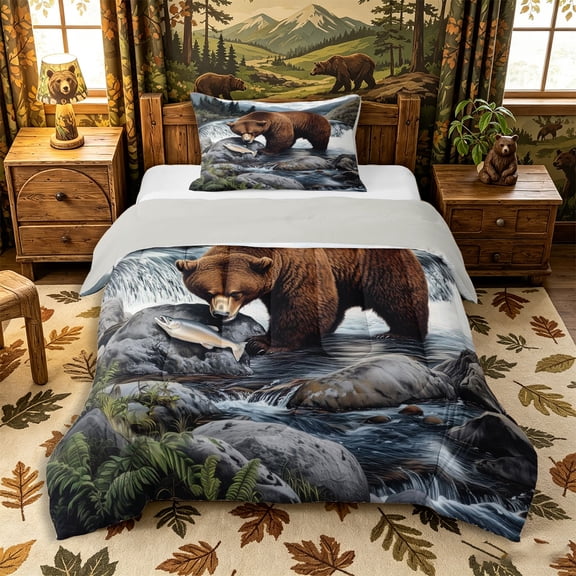 Castle Fairy Fishing Brown Bear Twin Comforter Sets 2pcs,Waterfall Pine Mountain Salmon Bedding Set,Brown Teal White,Grey Reversible,1 Comforter and 1 Pillowcase