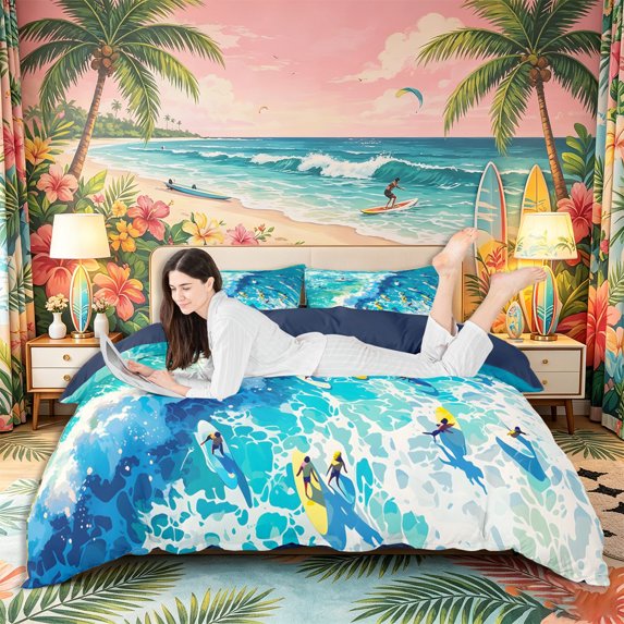 Castle Fairy Flat Aerial Surf Crowd Bedding,Turquoise Ocean Foam Summer Tile Duvet Cover Full,Aqua White,Navy Blue Reversible,3pcs,No Comforter,1 Duvet Cover and 2 Pillowcases
