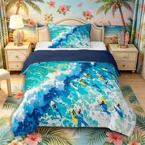 Castle Fairy Flat Aerial Surf Crowd Twin Comforter Sets 2pcs,Turquoise Ocean Foam Summer Tile Bedding Set,Aqua White,Navy Blue Reversible,1 Comforter and 1 Pillowcase