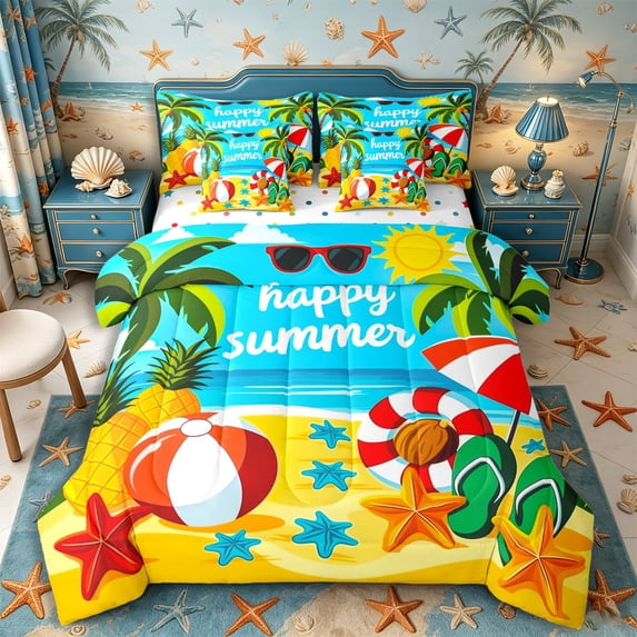 Castle Fairy Flat Cartoon Summer Beach Art Queen Bedding 7pcs,Palm Pineapple Holiday Layout Bedding Comforter Set Queen,Yellow Blue,Reversible