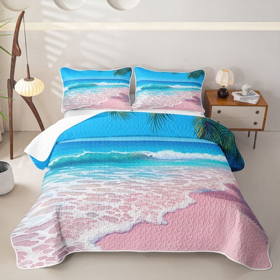 Castle Fairy Flat Cartoon Tropical Pink Sand Wave Twin Quilt Set,Palm Frond Bright Ocean Tile Twin Coverlet Set,Hot Pink Cyan