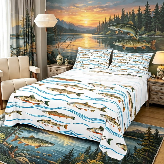 Castle Fairy Flat Cartoon Trout Wave Queen Sheets 4 Pieces,Stream Fish Outdoors Seamless Print Queen Sheet Sets,Brown Sky,1 Fitted Sheet,1 Flat Sheet and 2 Pillowcases