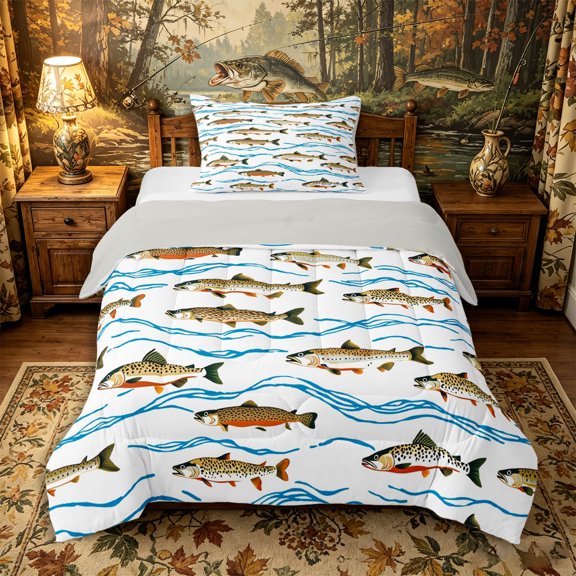 Castle Fairy Flat Cartoon Trout Wave Twin Comforter Sets 2pcs,Stream Fish Outdoors Seamless Print Bedding Set,Brown Sky,Grey Reversible,1 Comforter and 1 Pillowcase