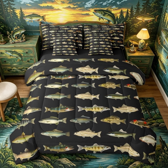 Castle Fairy Flat Freshwater Fish Full Size Bedding Sets 7 Pieces,Repeating Bass Species Tile Full Size Bed in a Bag,Black Beige,Black Reversible