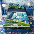 thumbnail image 1 of Castle Fairy Flat Illustration Cliff Puffin Zipper Full Size Comforter Sets with Fitted Sheet and 2 Pillowcases,Daisy Seagull Coastal Meadow Art Zipper Bedding Set,Green Sky,Reversible,4pcs, 1 of 6