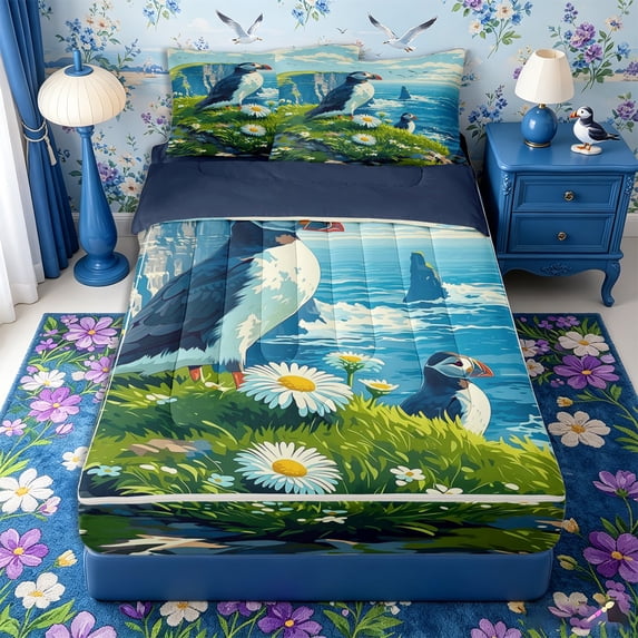 Castle Fairy Flat Illustration Cliff Puffin Zipper Full Size Comforter Sets with Fitted Sheet and 2 Pillowcases,Daisy Seagull Coastal Meadow Art Zipper Bedding Set,Green Sky,Reversible,4pcs