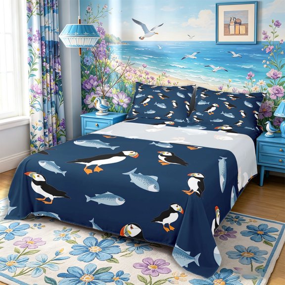 Castle Fairy Flat Puffin Fish Tile Bed Sheets 4-Piece,Seabird Small Fish Navy Seamless Pattern Full Size Sheets,Navy White,1 Fitted Sheet,1 Flat Sheet and 2 Pillowcases