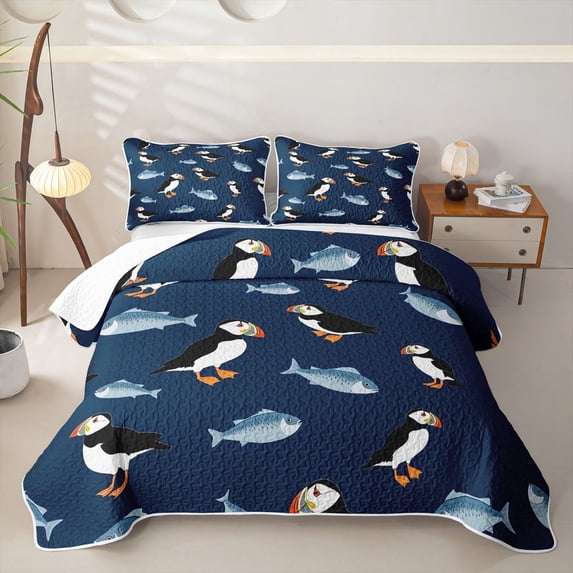 Castle Fairy Flat Puffin Fish Tile Twin Quilt Set,Seabird Small Fish Navy Seamless Pattern Twin Coverlet Set,Navy White