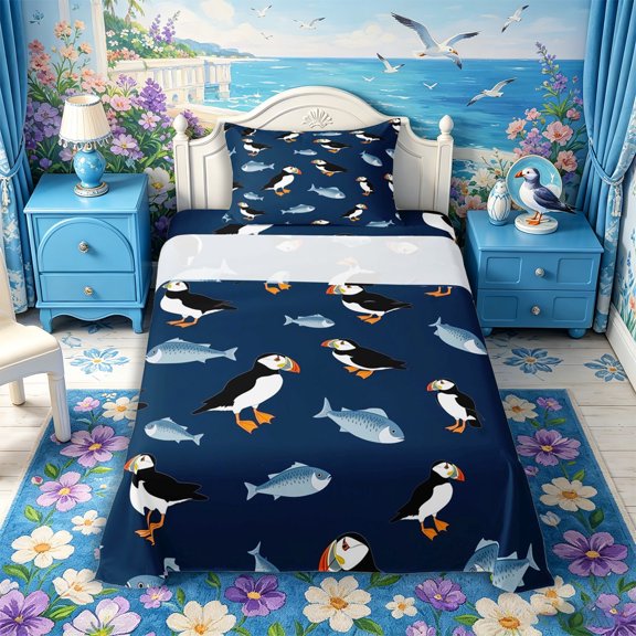 Castle Fairy Flat Puffin Fish Tile Twin Sheets 3pcs,Seabird Small Fish Navy Seamless Pattern Bedding,Navy White,1 Fitted Sheet,1 Flat Sheet and 1 Pillowcase