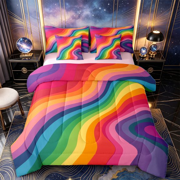 Castle Fairy Flat Rainbow Wave 7-Piece Twin Bedding,Smooth Curved Striped Seamless Bedding Comforter Set,Bright Pastel,Pink Reversible