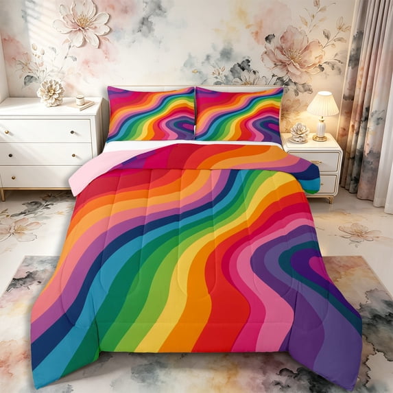 Castle Fairy Flat Rainbow Wave King Size Comforter Sets 3pcs,Smooth Curved Striped Seamless Comforters King Size,Bright Pastel,Pink Reversible,1 Comforter and 2 Pillowcases