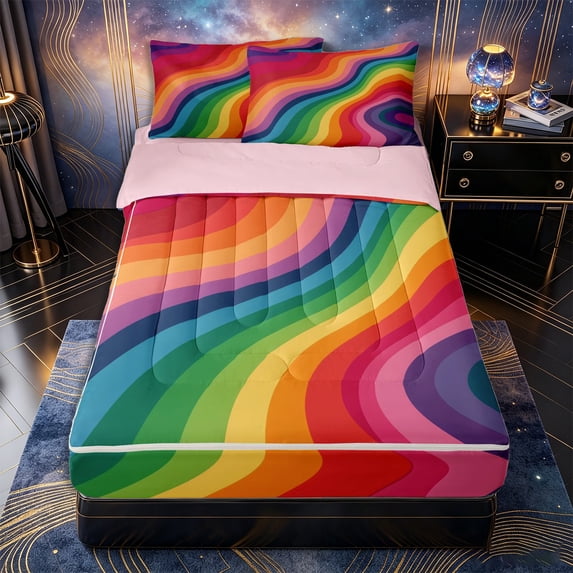 Castle Fairy Flat Rainbow Wave Zipper Full Size Comforter Sets with Fitted Sheet and 2 Pillowcases,Smooth Curved Striped Seamless Zipper Bedding Set,Bright Pastel,Pink Reversible,4pcs